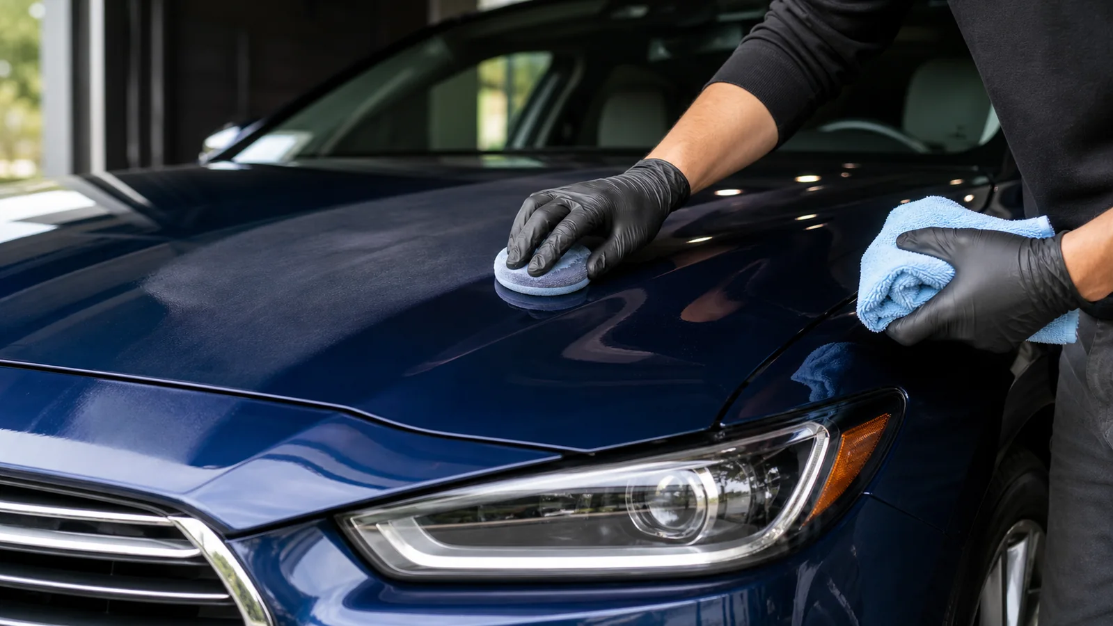 Detailer hand applying wax to a deep blue sedan hood with a soft applicator pad