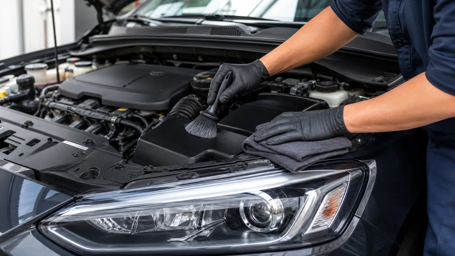 Detailer using a soft brush and microfiber to clean a modern engine bay
