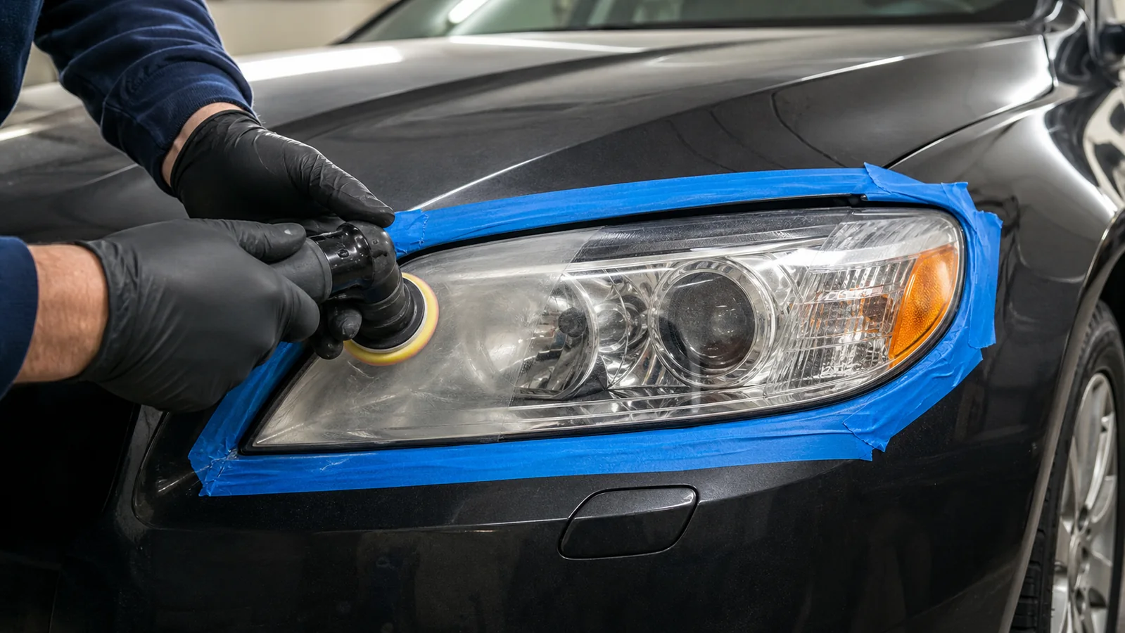 Detailer polishing an oxidized headlight lens with the surrounding paint carefully masked