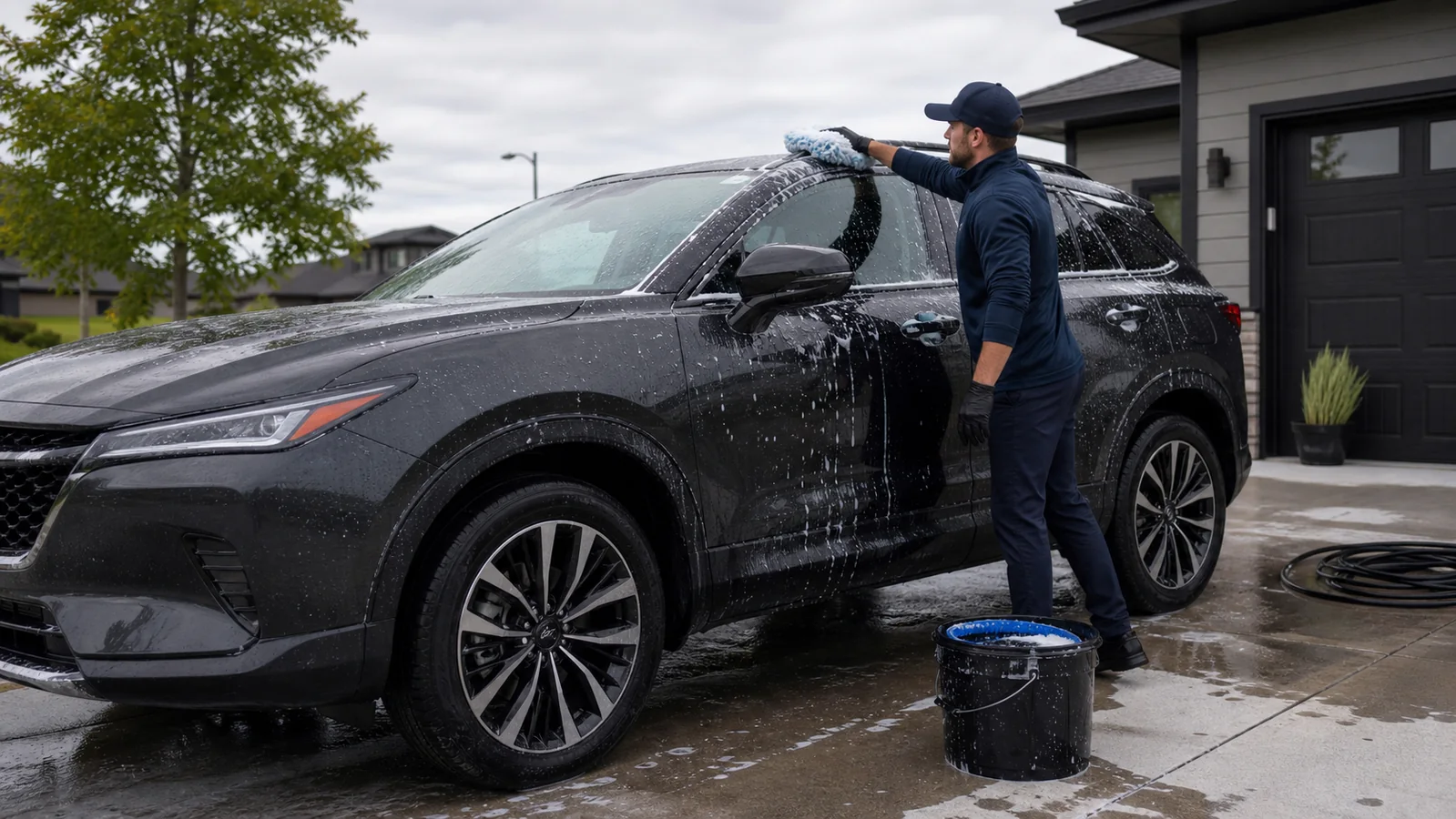 Mobile detailer hand washing a graphite crossover with a plush wash mitt on a residential driveway