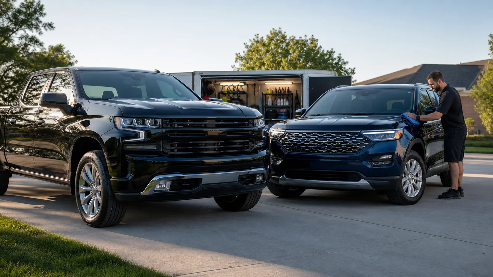 Freshly detailed black pickup and blue SUV with a detailer performing a final inspection